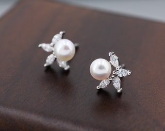 Genuine Freshwater Pearl with Marquise CZ Stud Earrings in Sterling Silver, Delicate Tiny Pearl and CZ Earrings, Genuine Pearls.