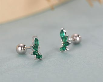 Sterling Silver Green Marquise CZ 18G Screw Back Earrings