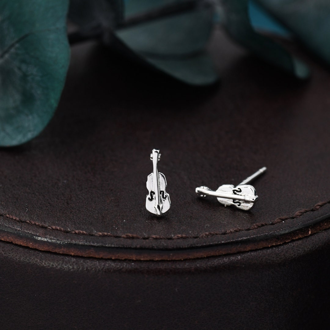 Tiny Violin Stud Earrings in Sterling Silver, Silver or Gold, Music