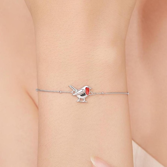 Delicate Robin Bird Bracelet in Sterling Silver with a Satellite Chain, Nature Inspired Bird Jewellery,  Minimalist, Simple and Tiny