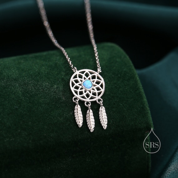 Dreamcatcher Pendant Necklace in Sterling Silver, Opal or Moonstone, Adjustable 16'' - 18'' - Cute Quirky and Fun Jewellery, Dream Catcher