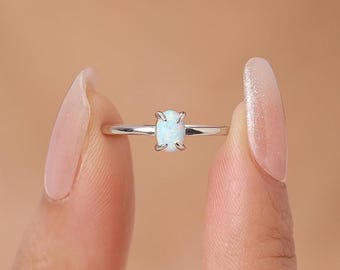 Fire Opal Ring in Sterling Silver, US 5 - 8, 4x6mm, Lab Opal Stone Ring, White Opal Ring