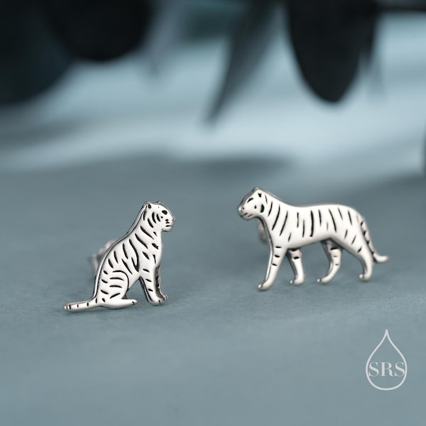 Omaka tigerörhängen i sterlingsilver, silver, guld eller roséguld, asymmetriska tigerörhängen, naturinspirerade djurörhängen