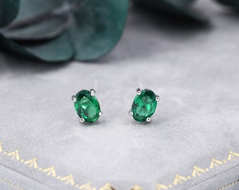 Emerald Green Oval CZ Stud Earrings in Sterling Silver, 5x7mm, Oval Cut Crystal Earrings, May Birthstone