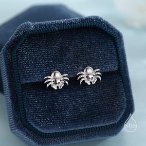 May include: A pair of silver spider earrings in a blue velvet jewelry box.