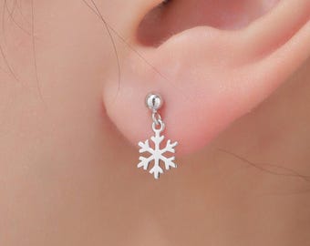 Minimalist Snowflake Dangle Stud  Earrings in Sterling Silver, Silver, Gold or Rose Gold, Delicate Snowflake Earrings, Snow Earrings