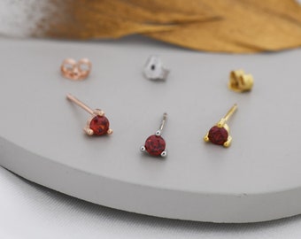 Sterling Silver Garnet Red Stud Earrings,  3mm January Birthstone CZ Earrings, Three Prong, Silver, Gold or Rose Gold, Stacking Earrings