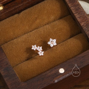 Asymmetric Forget Me Not Flower Bouquet CZ Stud Earrings in Sterling Silver, Silver, Gold or Rose Gold, Mismatched CZ Flower Stud Earrings zdjęcie 5