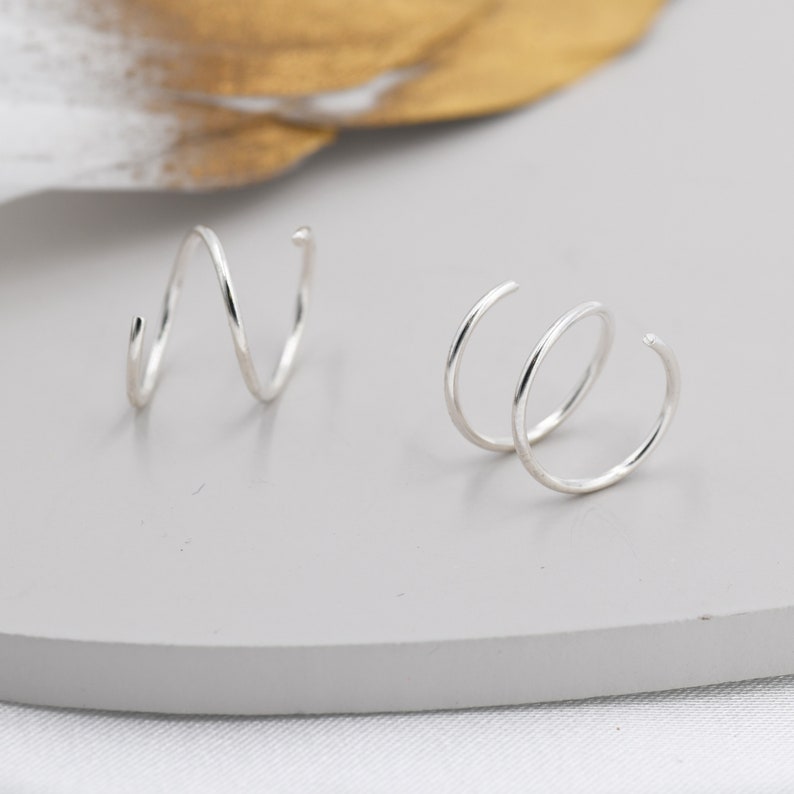 Minimalistische spiraalvormige hoepeloorbellen in sterling zilver, enkele piercing spiraalvormige hoepeloorbellen, dubbele hoepel twistoorbellen afbeelding 2