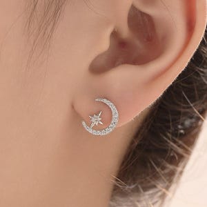 Delicate CZ Moon and Star Stud Earrings in Sterling Silver, Silver, Gold or Rose Gold, Small Moon and Starburst Earrings, Celestial Earrings