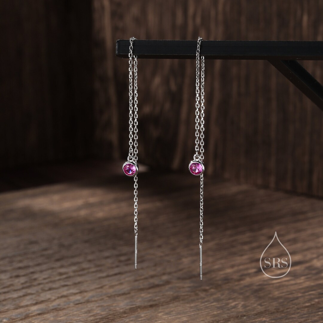 Ruby Pink CZ Dot Threader Earrings in Sterling Silver, Silver or