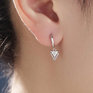 Sterling Silver Double Triangle Dangle Huggie Hoops, Double Triangle Hoop Earrings, Dainty Dangle Arrow Head Earrings, Geometric Arrowhead