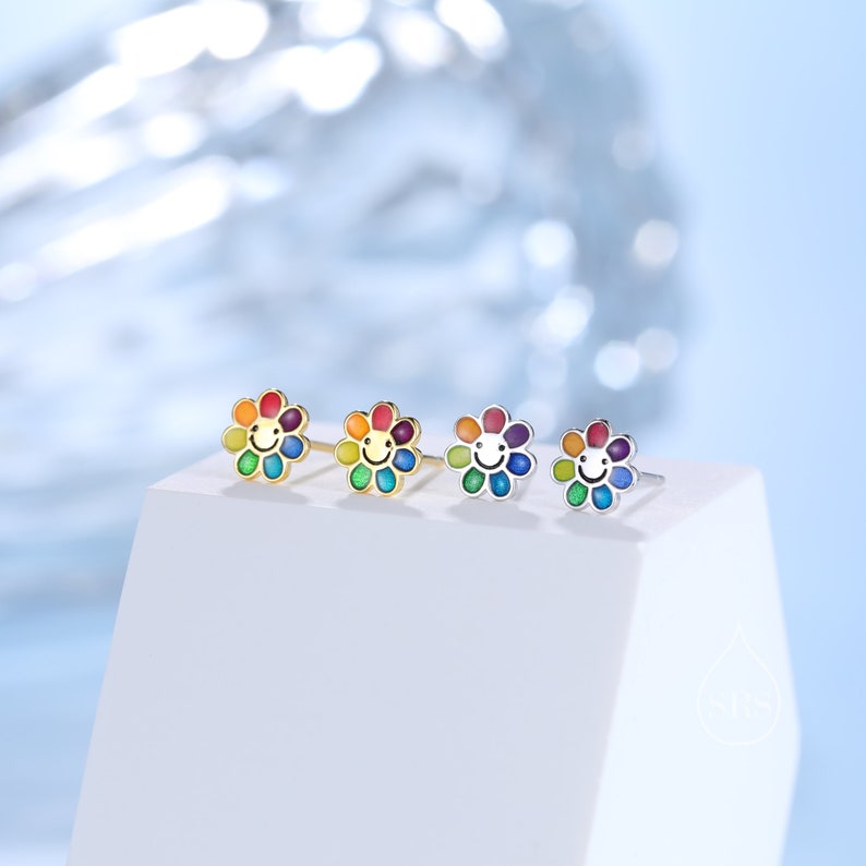 Enamel Smiling Flower Stud Earrings in Sterling Silver, Silver Rainbow Flower Earrings, Multi Colour Flower Stud in Sterling Silver zdjęcie 2