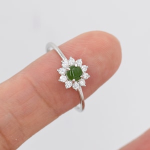 Genuine Jade Stone Halo Ring in Sterling Silver, US 5 - 8, Natural Jade Gemstone Ring,  Crystal Flower Ring