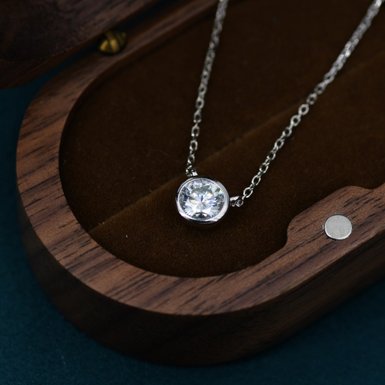 1 Carat Moissanite Solitaire Bezel Pendant Necklace in Sterling Silver, 1 Ct Moissanite Diamond Bubble Necklace, 6.5mm Moissanite image 3
