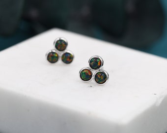 Black Opal Dot Circle Stud Earrings in Sterling Silver - Silver or Gold -  Fire Opal Trio Earrings, Three Opals