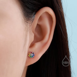 Enamel Smiling Flower Stud Earrings in Sterling Silver, Silver Rainbow Flower Earrings, Multi Colour Flower Stud in Sterling Silver zdjęcie 5