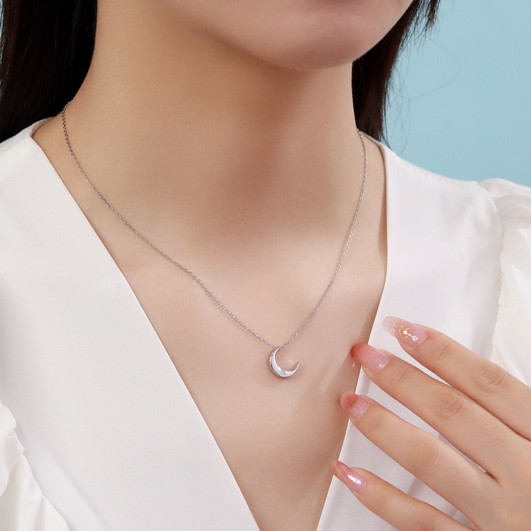 Crescent Moon With Starburst CZ Necklace in Sterling Silver, Silver or ...