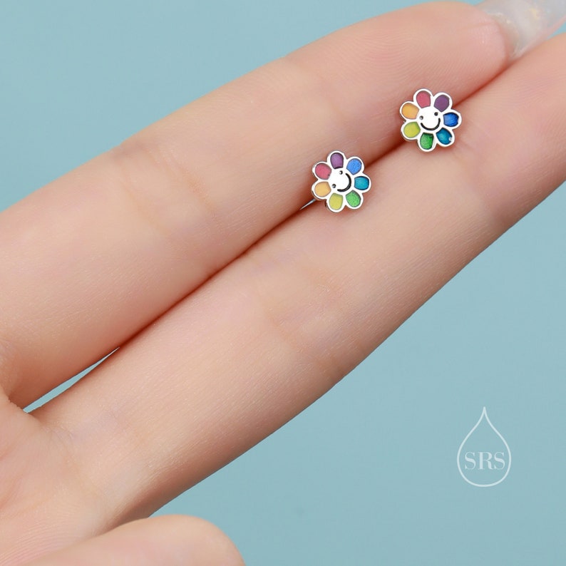 Enamel Smiling Flower Stud Earrings in Sterling Silver, Silver Rainbow Flower Earrings, Multi Colour Flower Stud in Sterling Silver zdjęcie 6