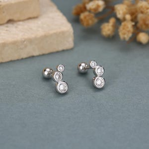 Può includere: Un paio di orecchini a lobo color argento, ciascuno caratterizzato da tre pietre rotonde trasparenti disposte in una linea verticale graduata. Gli orecchini presentano una chiusura a perno metallico e una finitura lucida dal design essenziale.