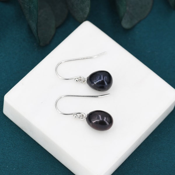 Boucles d'oreilles en argent sterling avec perles noires, boucles d'oreilles à crochet en perles d'eau douce naturelles en argent sterling, boucles d'oreilles en perles ovales