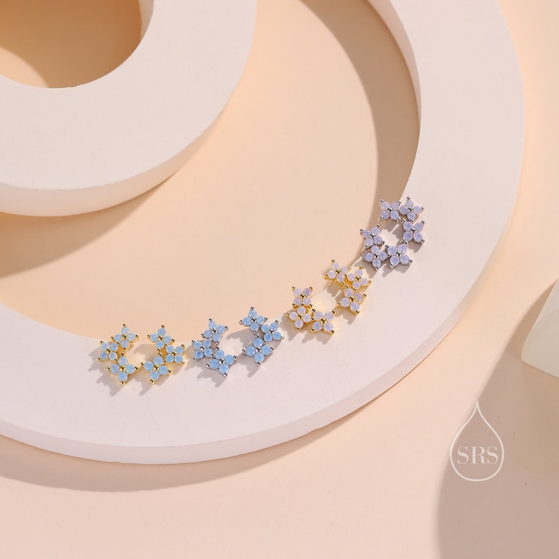 Tiny Hydrangea Bouquet CZ Stud Earrings in Sterling Silver, Silver or Gold, Opal Blue or Opal Pink, Three CZ Flower Earrings, CZ Cluster zdjęcie 5