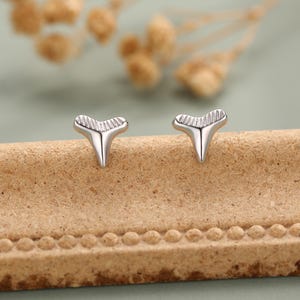 May include: Two silver shark tooth stud earrings. Each earring has a textured top and a pointed base. They are presented on a light brown surface with a decorative border. The background features blurred dried flowers.