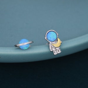 Mismatched Astronaut and Planet Stud Earrings in Sterling Silver, Asymmetric Planet and Spaceman Earrings with Blue Opal, Cute and Fun image 3