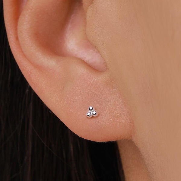 Extra Tiny Three Ball Stud Earrings in Sterling Silver, Gold or Silver, Very Small Earrings, Stacking Earrings