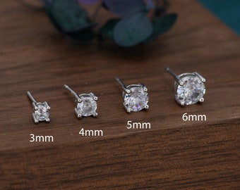 CZ Stud Earrings in Sterling Silver, Available in 3mm, 4mm, 5mm 6mm, Brilliant Cut CZ Earrings, Four Prong Set