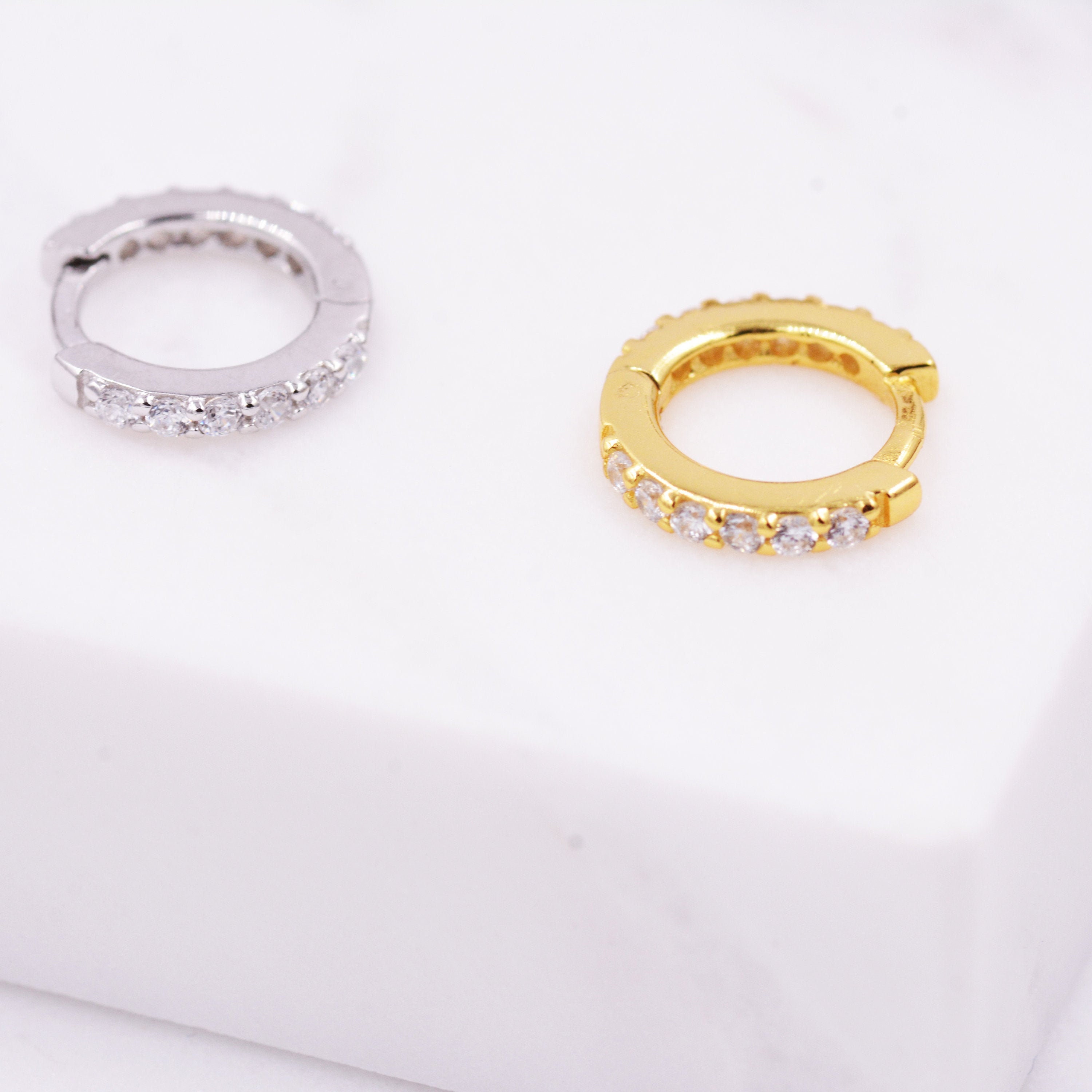 Minimalist 7mm Huggie Hoop Earrings in Sterling Silver with Sparkling…