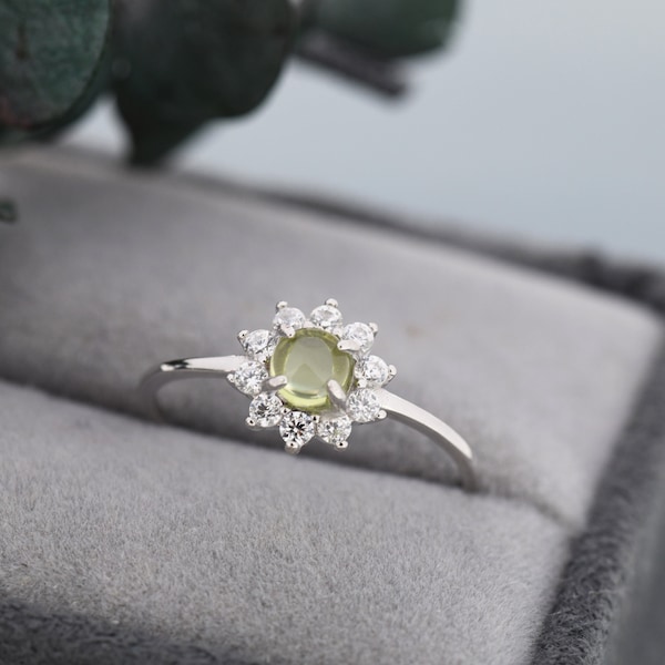 Genuine Peridot Halo Ring in Sterling Silver, US 5 - 8, Natural Peridot Gemstone Ring,  Crystal Flower Ring