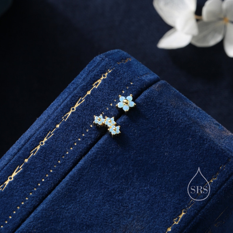 Asymmetric Forget Me Not Flower Bouquet CZ Stud Earrings in Sterling Silver, Silver or Gold, Opal Colour Mismatched CZ Flower Stud Earrings zdjęcie 6