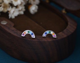 Sterling Silver CZ Crystal Rainbow Stud Earrings, Gold and Silver, Cute and Quirky Jewellery