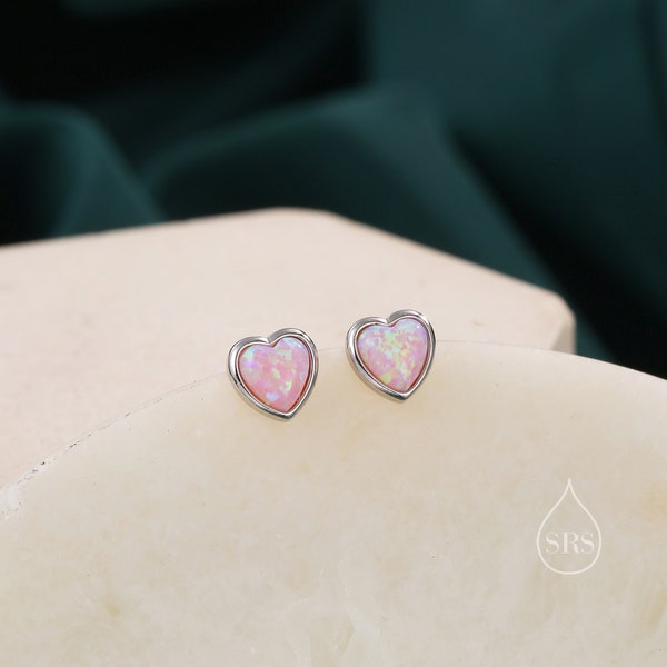 Pink Opal Heart Stud Earrings in Sterling Silver, Opal Heart Earrings, Silver or Gold,  Heart Earrings, Fire Opal Earrings