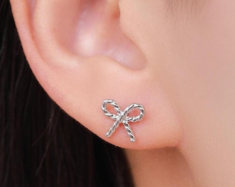 Braided Ribbon Bow Stud Earrings in Sterling Silver, Available in Silver, Gold or Rose Gold, Ribbon Earrings, Ribbon Bow Earrings
