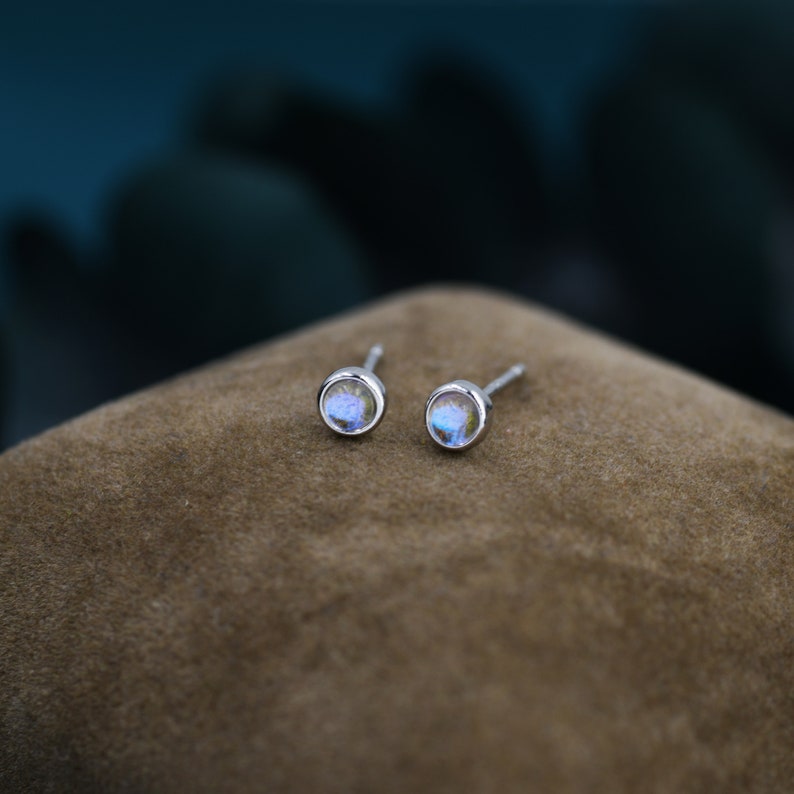 Moonstone Stud Earrings in Sterling Silver, Bezel, Aurora Stone Stud Earrings, 3mm Aurora Crystal Dot Earrings image 4