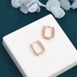 Rectangular Hoop Earrings in Sterling Silver, Mini Oval Hoop Earrings, Chunky Hoop Earrings, Silver or Gold or Rose Gold, Square Hoops