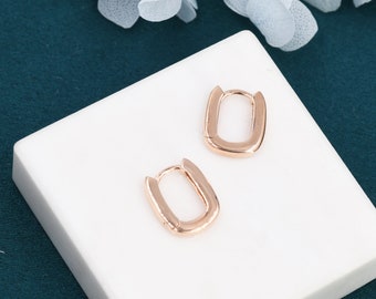 Rectangular Hoop Earrings in Sterling Silver, Mini Oval Hoop Earrings, Chunky Hoop Earrings, Silver or Gold or Rose Gold, Square Hoops