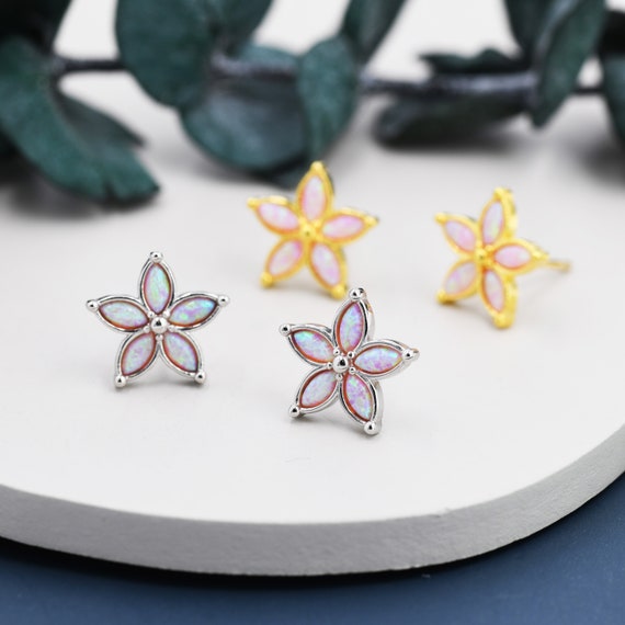Stardust Opal Flower Stud Earrings in Sterling Silver Gold or