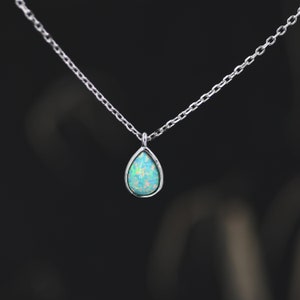 Green Opal Droplet Pendant Necklace in Sterling Silver, Lab Opal Necklace,  Pear Shape Opal Necklace, Fire Opal Necklace