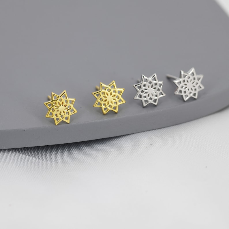 Mandala Flower Stud Earrings in Sterling Silver, Silver or Gold, Mandala Earrings, Geometric image 3