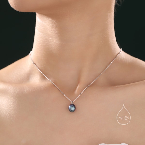 Collier de perles noires naturelles en argent sterling avec une chaîne satellite, véritable collier pendentif de perles d'eau douce ovales en argent sterling