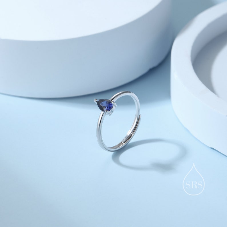 Created Blue Sapphire Droplet Ring in Sterling Silver, 4x6mm, Prong Set Pear Cut, Adjustable Size, Blue Corundum Ring, September Birthstone image 5