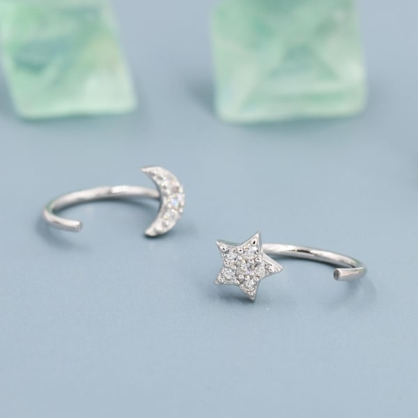 Asymmetric Tiny Moon and Star CZ Huggie Hoop Earrings in Sterling Silver, Silver, Gold or Rose Gold, Open Threader, Threader Hoop