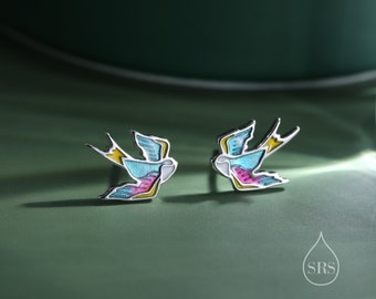 Sterling Silver Tatoo Inspired Swallow Bird Stud Earrings, Enamel Painted Swallow Bird Stud Earrings, Fun and Quirky Colour Bird Stud