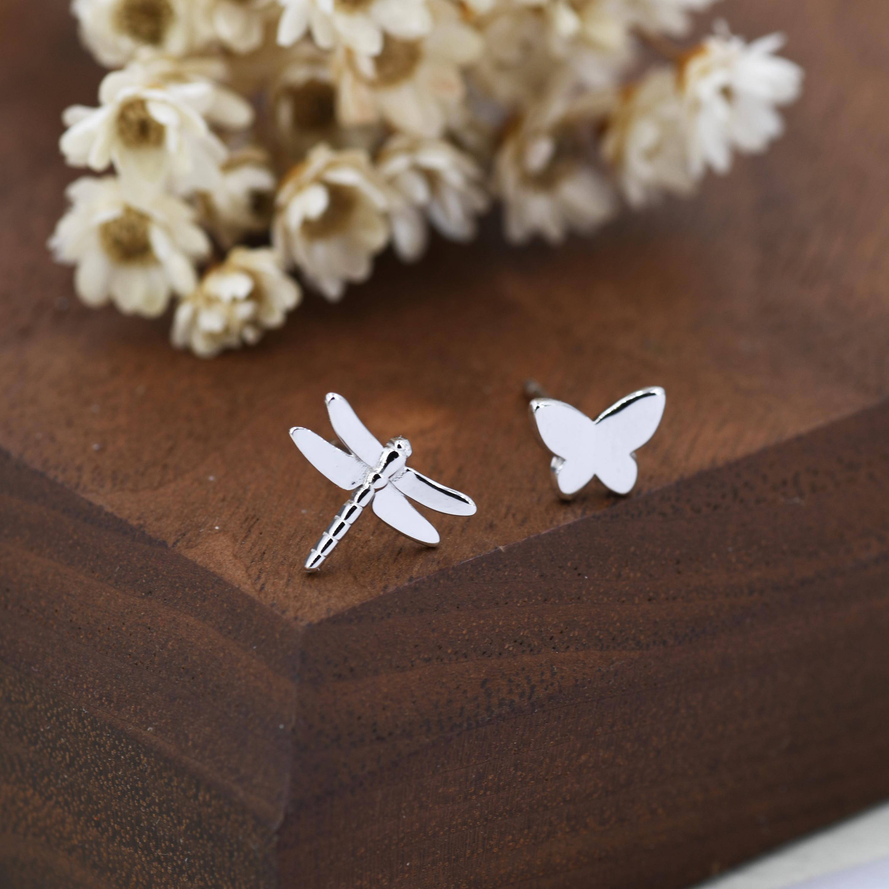 Mismatched Butterfly and Dragonfly Stud Earrings in Sterling Silver, Silver, Gold or Rose Gold, Asymmetric Dragonfly and Butterfly Earrings