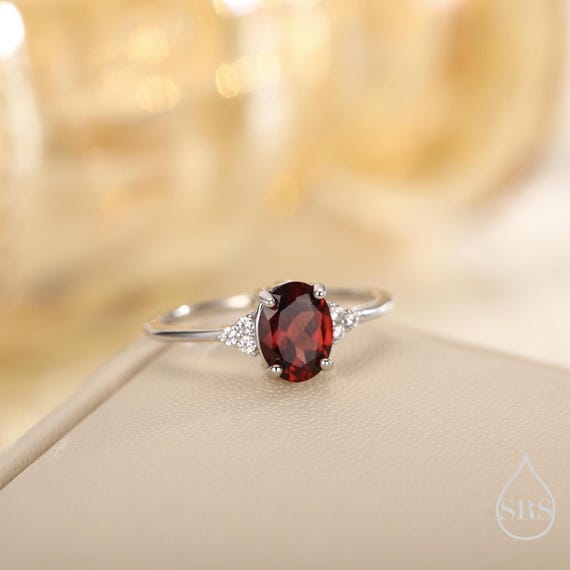 Genuine Garnet Oval Ring in Sterling Silver, Natural Red Garnet
