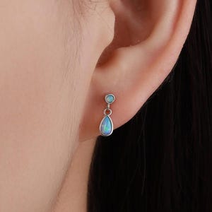 Tiny Opal Dangle Stud Earrings in Sterling Silver with Round and Droplet Opals, Silver or Gold, White Opal or Blue Opal
