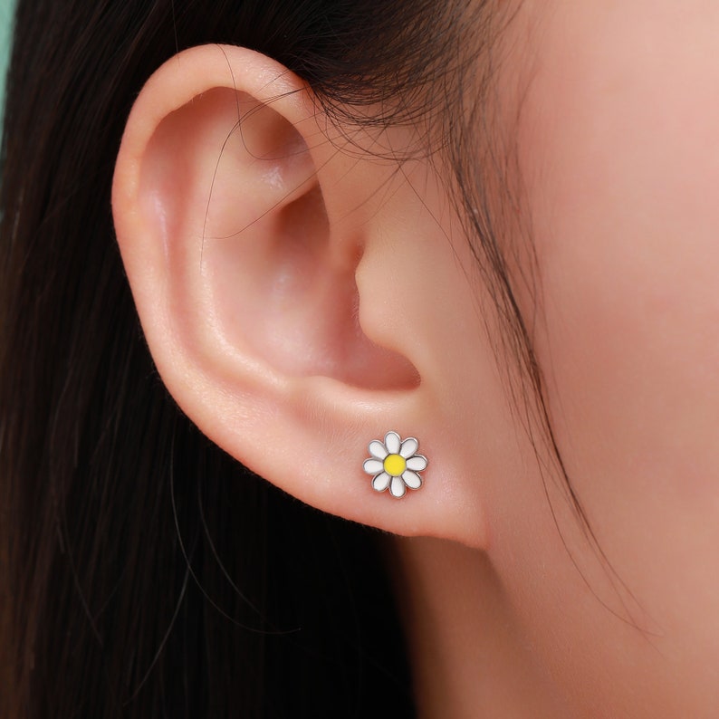 Enamel Daisy Flower Stud Earrings in Sterling Silver, Daisy Flower Earrings, Tiny Flower Earrings image 2